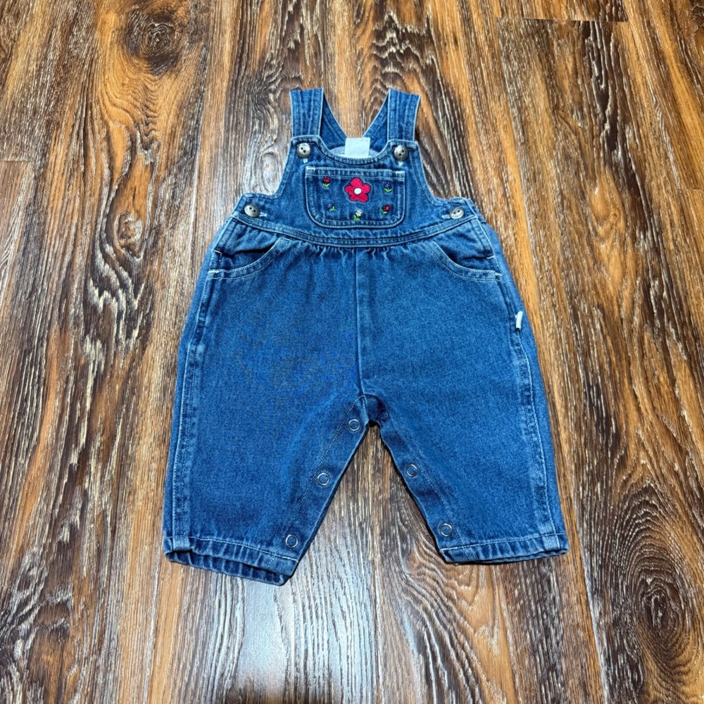 Carter's Baby Girls Blue Denim Floral Embroidered Bib Overalls Snap Bottom 3M NB